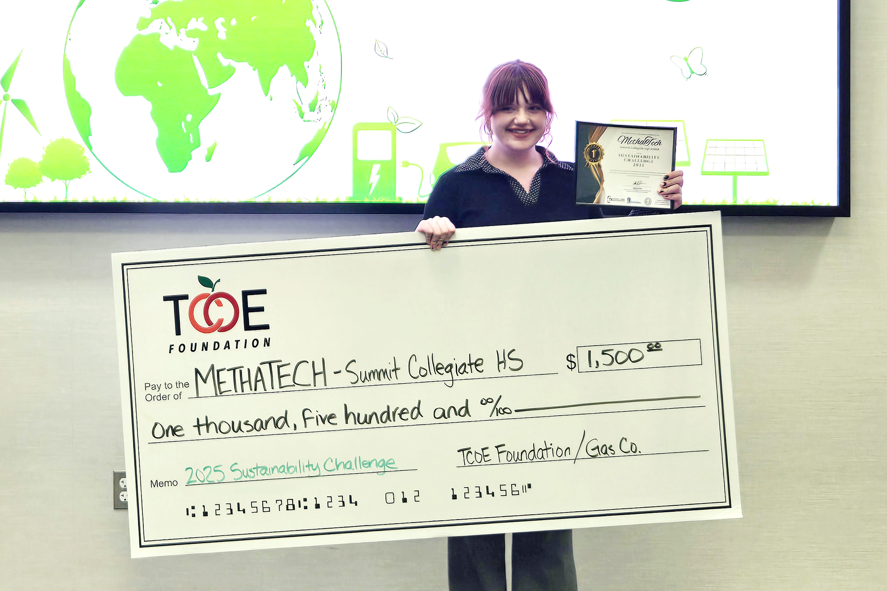 Winning presenter with check