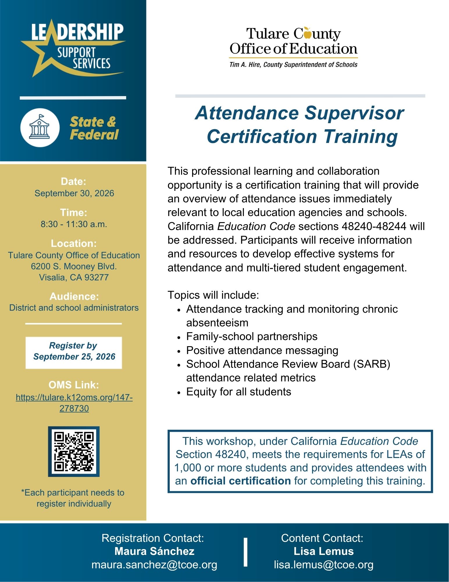Flyer - Attendance Supervisor Certifcation Training Flyer gold white blue