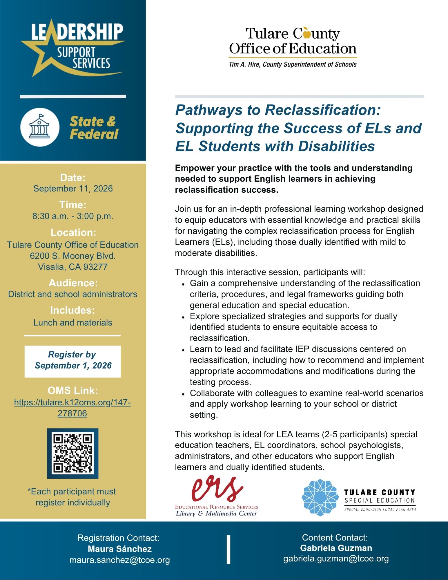 Flyer - Pathways to Reclassification Supporting the Success of ELs and EL Students with Disabilities 2026 Flyer gold blue white