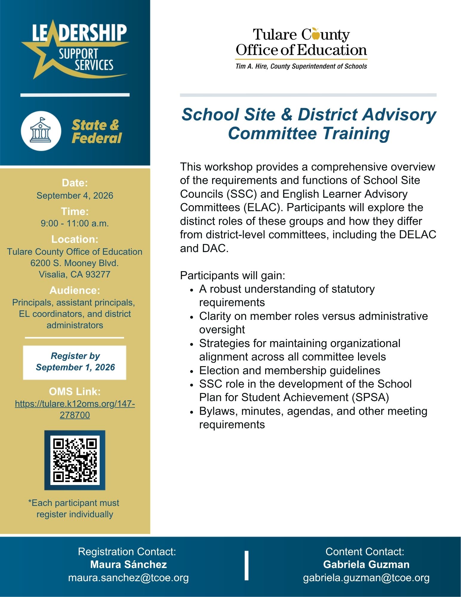 Flyer - School Site & District Advisory Committee Training 2026-27 Flyer blue white gold
