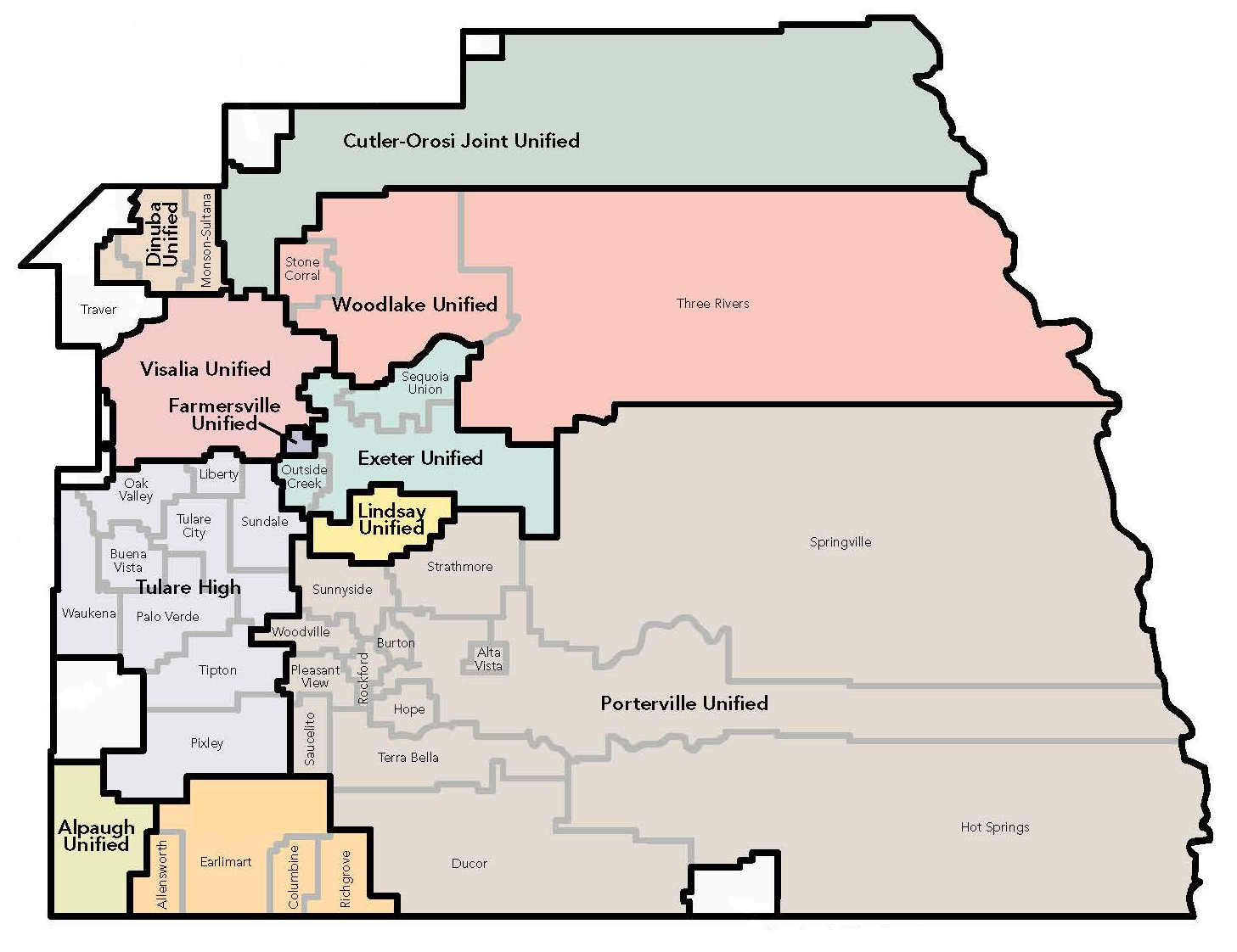 Boundaries of school districts located in Tulare County.