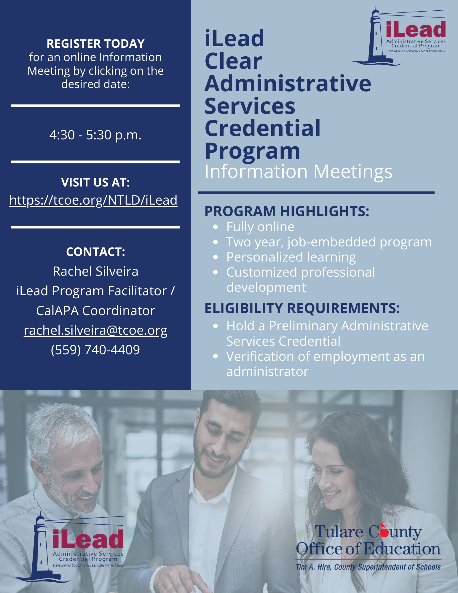 The image is a link to register for an iLead Clear Administrative Services Credential Program Information Meeting.