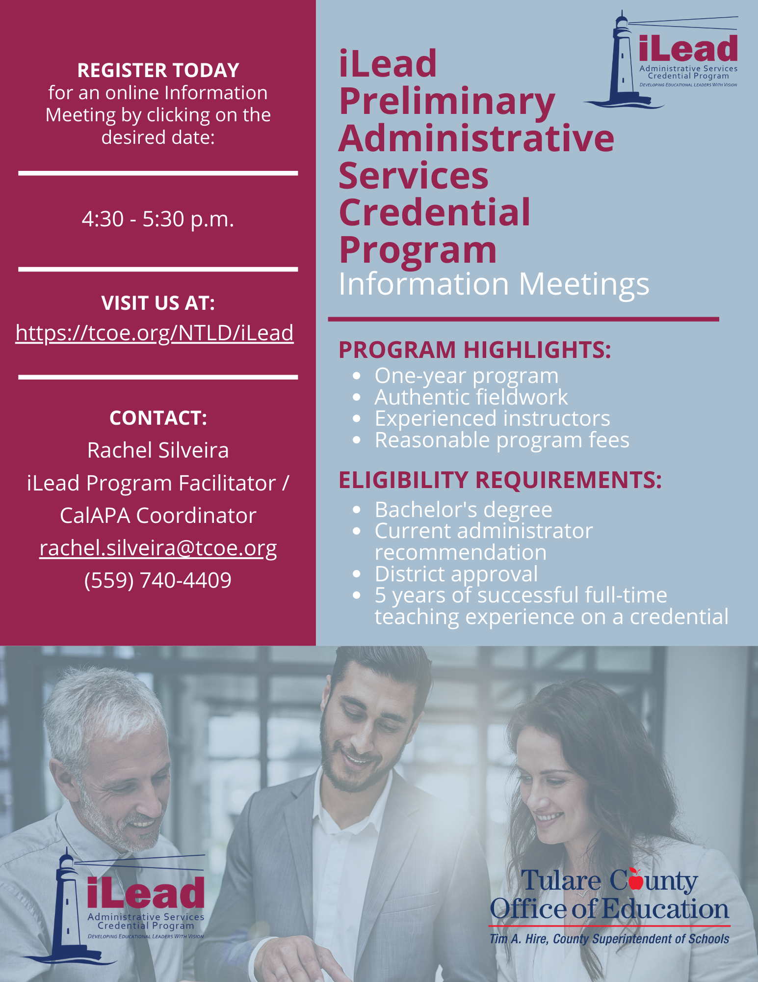 Link to register for an iLead Prelminary Administrative Services Credential Program Information Meeting.