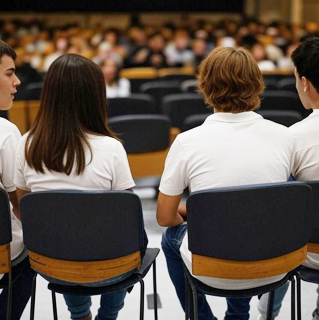 Four student figures sitting on stage facing an audience