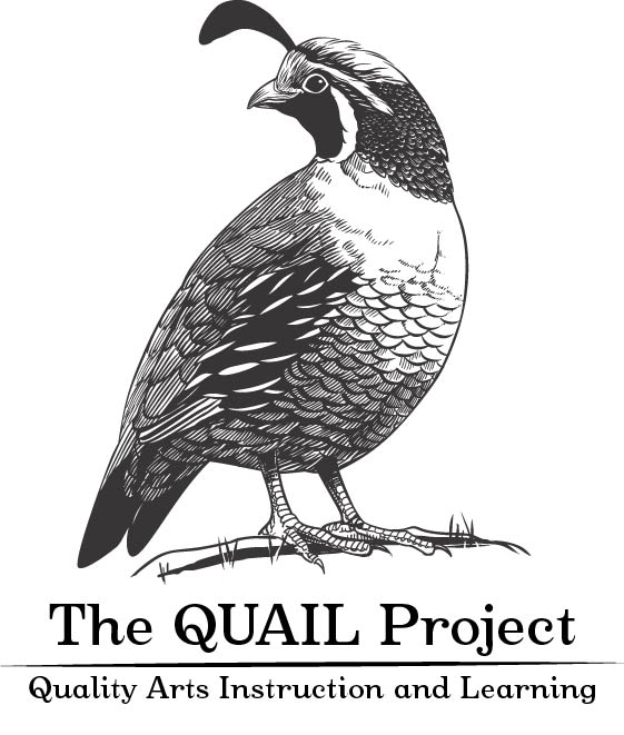The QUAIL Project Logo - Quality Arts Instruction and Learning - Drawing of a quail standing and looking over its shoulder